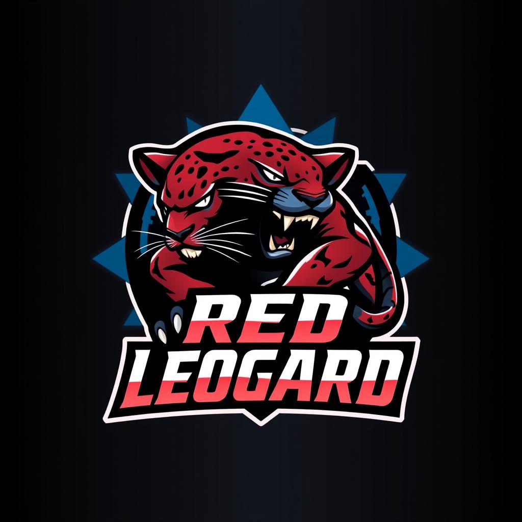 A dynamic and bold football logo design featuring a fierce leopard, incorporating elements of black, red, and blue colors