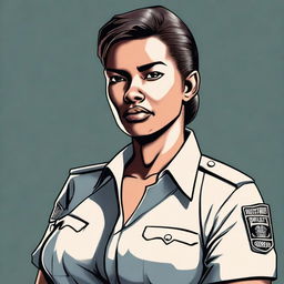 A digital art of a female prison guard in her uniform, with her shirt slightly unbuttoned, adding a sultry flair