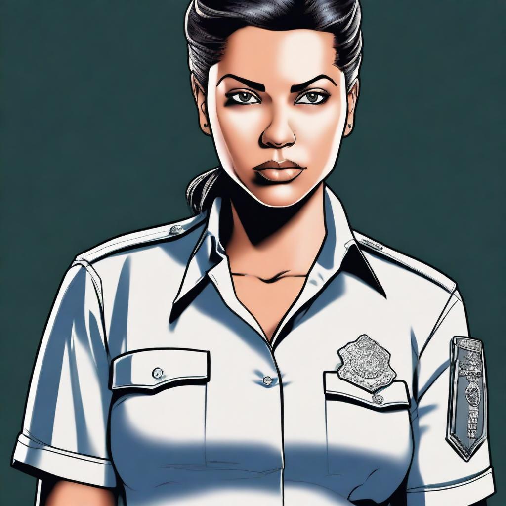 A digital art of a female prison guard in her uniform, with her shirt slightly unbuttoned, adding a sultry flair