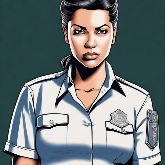 A digital art of a female prison guard in her uniform, with her shirt slightly unbuttoned, adding a sultry flair