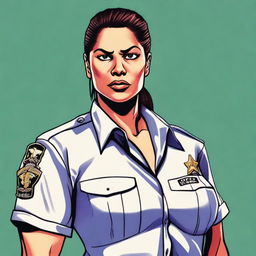 A digital art of a female prison guard in her uniform, with her shirt slightly unbuttoned, adding a sultry flair