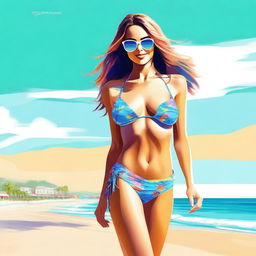 A high-quality digital art image showcasing a young woman in a stylish bikini