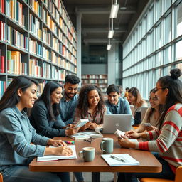 A group of enthusiastic university students studying together in a bright and modern library