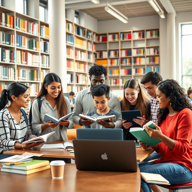 A group of enthusiastic university students studying together in a bright and modern library