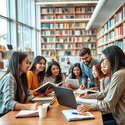A group of enthusiastic university students studying together in a bright and modern library