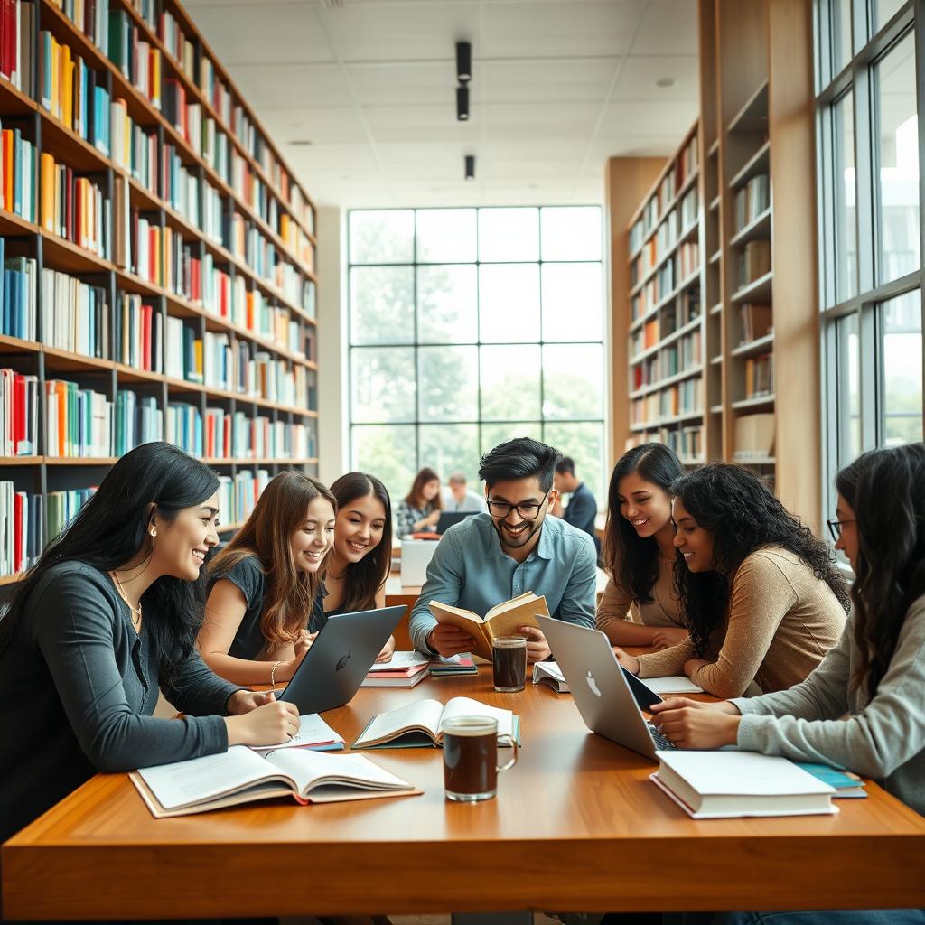 A group of enthusiastic university students studying together in a bright and modern library