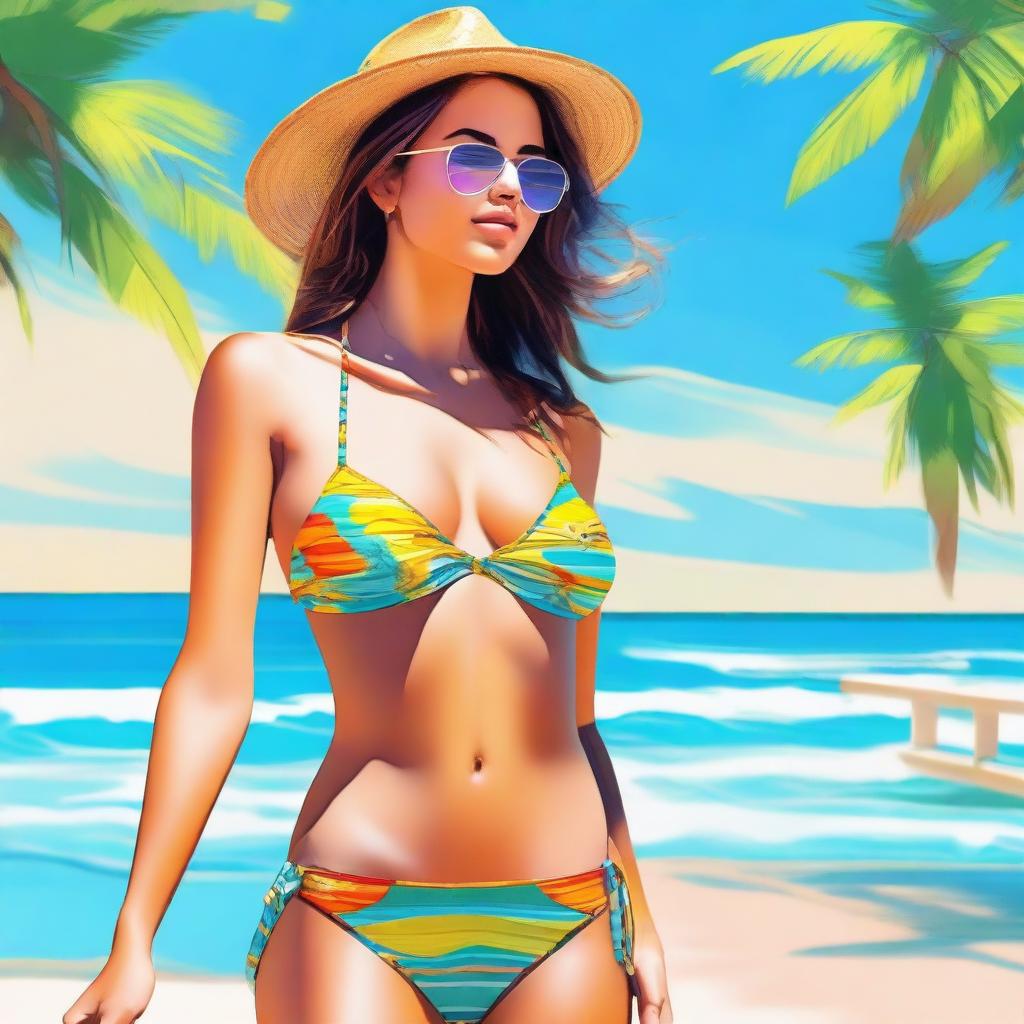 A high-quality digital art image showcasing a young woman in a stylish bikini