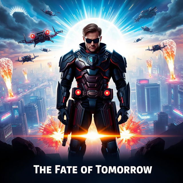 A vibrant and eye-catching movie poster featuring a heroic figure standing confidently in the foreground, clad in a futuristic armor