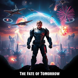 A vibrant and eye-catching movie poster featuring a heroic figure standing confidently in the foreground, clad in a futuristic armor