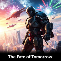 A vibrant and eye-catching movie poster featuring a heroic figure standing confidently in the foreground, clad in a futuristic armor