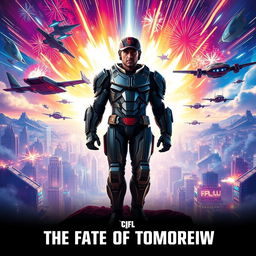 A vibrant and eye-catching movie poster featuring a heroic figure standing confidently in the foreground, clad in a futuristic armor