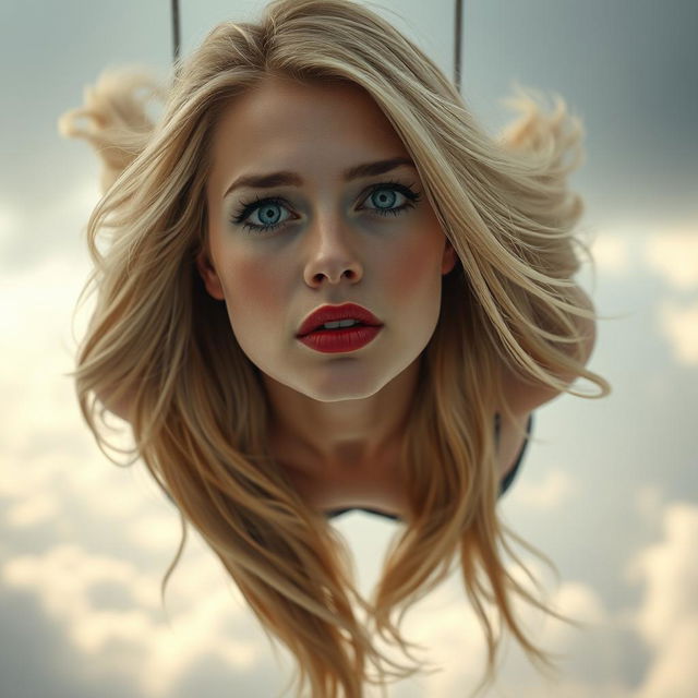 A beautiful blonde woman with striking blue eyes and vivid red lips, depicted falling gracefully from a cloudy sky