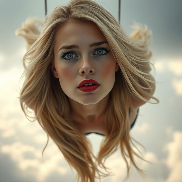 A beautiful blonde woman with striking blue eyes and vivid red lips, depicted falling gracefully from a cloudy sky