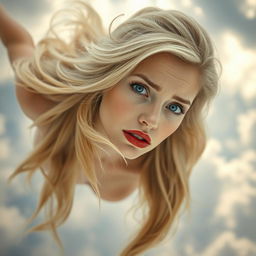 A beautiful blonde woman with striking blue eyes and vivid red lips, depicted falling gracefully from a cloudy sky