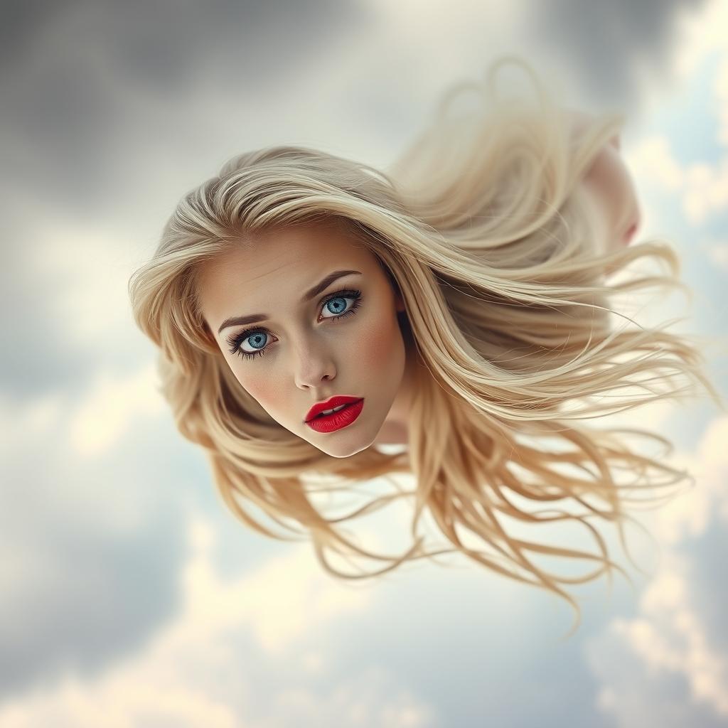 A beautiful blonde woman with striking blue eyes and vivid red lips, depicted falling gracefully from a cloudy sky