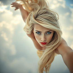 A beautiful blonde woman with striking blue eyes and vivid red lips, depicted falling gracefully from a cloudy sky