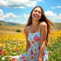A charming young woman with long flowing hair, wearing a bright sundress adorned with floral prints