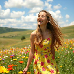 A charming young woman with long flowing hair, wearing a bright sundress adorned with floral prints