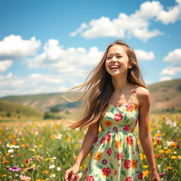 A charming young woman with long flowing hair, wearing a bright sundress adorned with floral prints