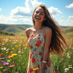 A charming young woman with long flowing hair, wearing a bright sundress adorned with floral prints