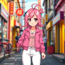 A captivating anime girl with vibrant pink hair styled in a playful manner, wearing a stylish pink jacket complemented by fashionably fitted white jeans
