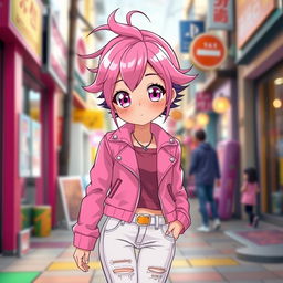 A captivating anime girl with vibrant pink hair styled in a playful manner, wearing a stylish pink jacket complemented by fashionably fitted white jeans