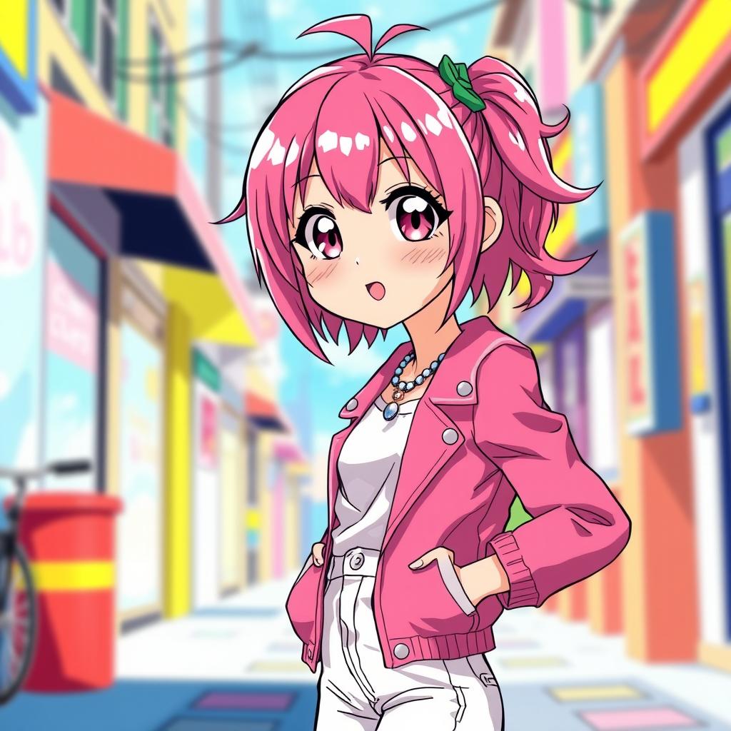 A captivating anime girl with vibrant pink hair styled in a playful manner, wearing a stylish pink jacket complemented by fashionably fitted white jeans