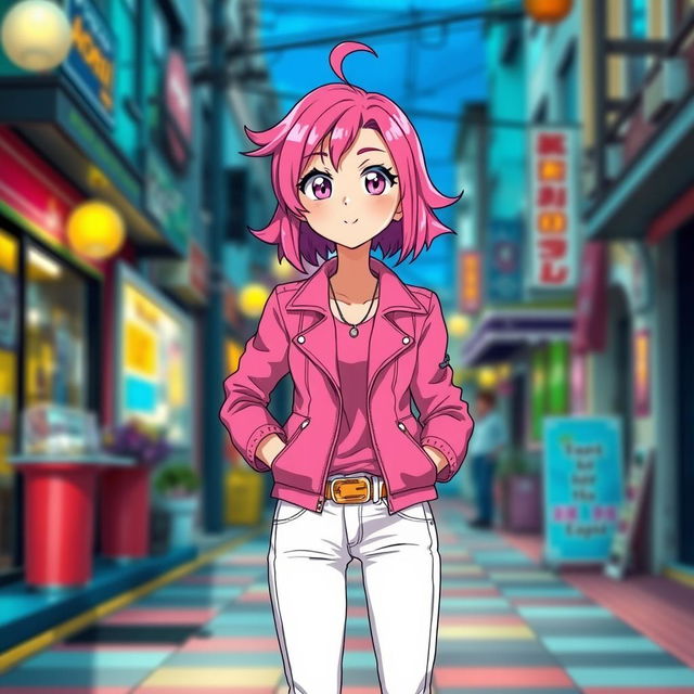 A captivating anime girl with vibrant pink hair styled in a playful manner, wearing a stylish pink jacket complemented by fashionably fitted white jeans