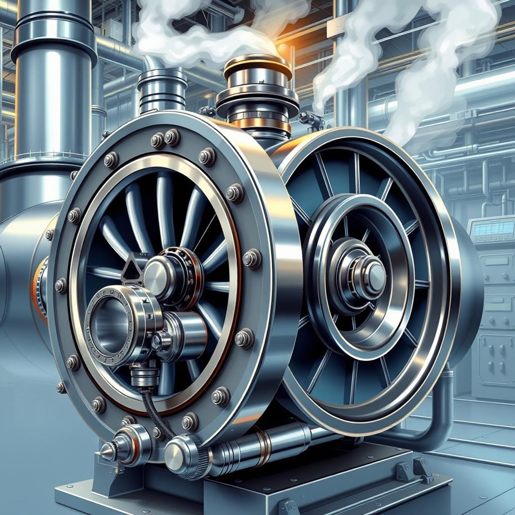 A highly detailed and realistic illustration of a steam turbine in a power plant setting