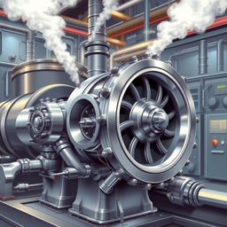A highly detailed and realistic illustration of a steam turbine in a power plant setting