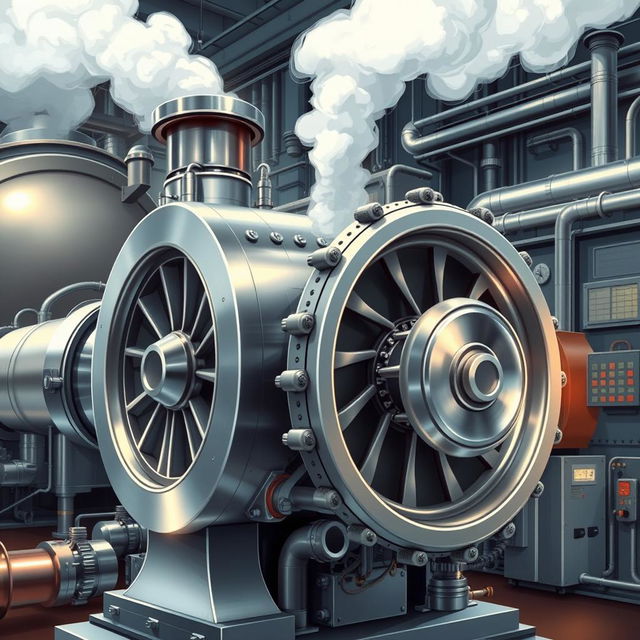 A highly detailed and realistic illustration of a steam turbine in a power plant setting