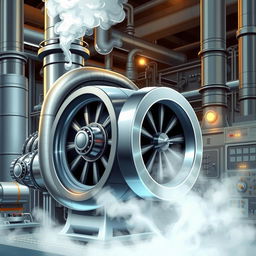 A highly detailed and realistic illustration of a steam turbine in a power plant setting