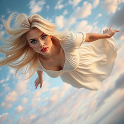 A beautiful blonde woman with striking blue eyes and bold red lips, captured in mid-air as she falls from a sky scattered with fluffy white clouds