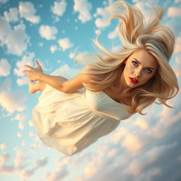 A beautiful blonde woman with striking blue eyes and bold red lips, captured in mid-air as she falls from a sky scattered with fluffy white clouds