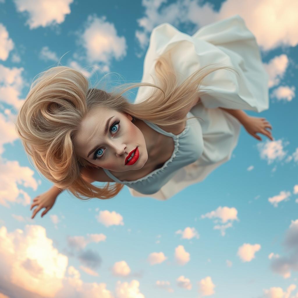 A beautiful blonde woman with striking blue eyes and bold red lips, captured in mid-air as she falls from a sky scattered with fluffy white clouds