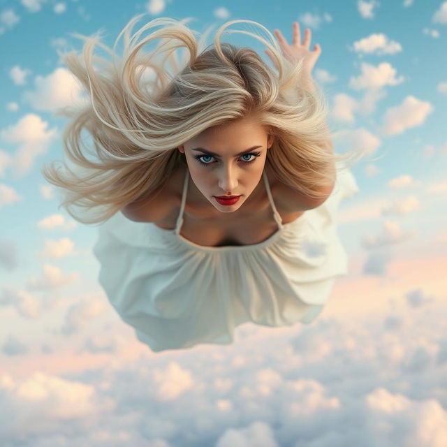 A beautiful blonde woman with striking blue eyes and bold red lips, captured in mid-air as she falls from a sky scattered with fluffy white clouds