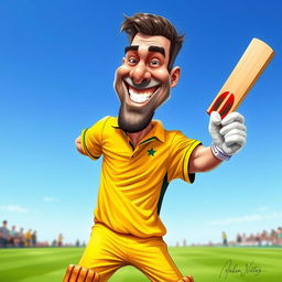 A vibrant and dynamic caricature of a man wearing a yellow cricket jersey, showcasing an exaggerated and playful expression