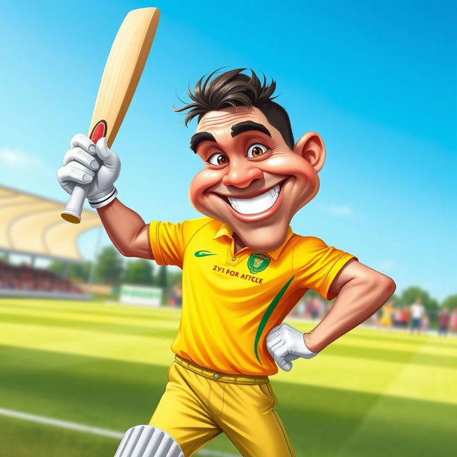A vibrant and dynamic caricature of a man wearing a yellow cricket jersey, showcasing an exaggerated and playful expression