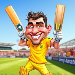 A vibrant and dynamic caricature of a man wearing a yellow cricket jersey, showcasing an exaggerated and playful expression
