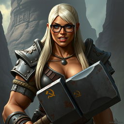 A tall, muscular half-orc with terracotta skin, her straight platinum blonde hair flowing down her back to her waist