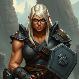 A tall, muscular half-orc with terracotta skin, her straight platinum blonde hair flowing down her back to her waist