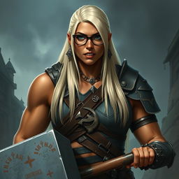 A tall, muscular half-orc with terracotta skin, her straight platinum blonde hair flowing down her back to her waist