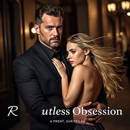 A ruthless man dressed in a sharp black suit, exuding an air of confidence and power, stands closely with a delicate woman who has an ethereal and soft appearance, her hair flowing elegantly