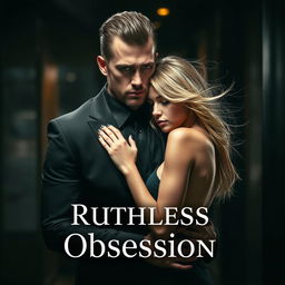A ruthless man dressed in a sharp black suit, exuding an air of confidence and power, stands closely with a delicate woman who has an ethereal and soft appearance, her hair flowing elegantly