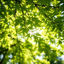 A close-up view of vibrant green leaves of a tree dancing in the gentle breeze, sunlight filtering through the foliage creating a dappled light effect on the ground below