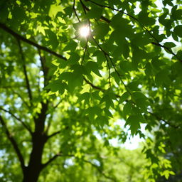A close-up view of vibrant green leaves of a tree dancing in the gentle breeze, sunlight filtering through the foliage creating a dappled light effect on the ground below