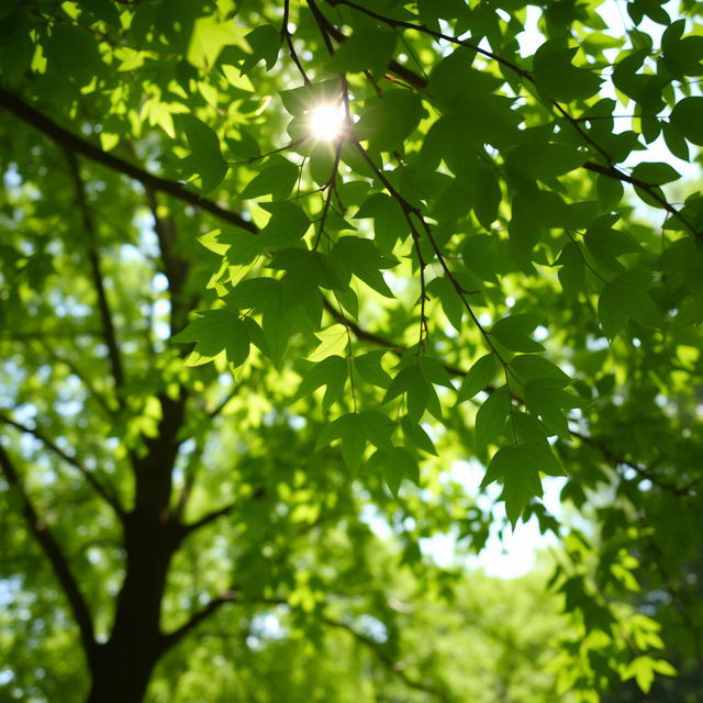 A close-up view of vibrant green leaves of a tree dancing in the gentle breeze, sunlight filtering through the foliage creating a dappled light effect on the ground below