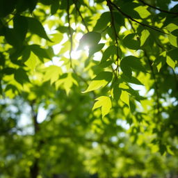 A close-up view of vibrant green leaves of a tree dancing in the gentle breeze, sunlight filtering through the foliage creating a dappled light effect on the ground below