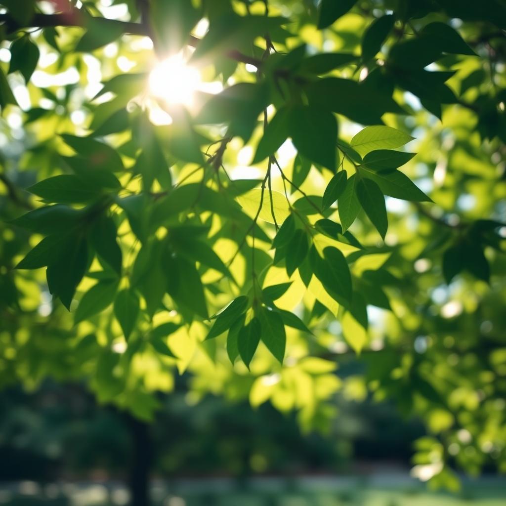 A close-up view of vibrant green leaves of a tree dancing in the gentle breeze, sunlight filtering through the foliage creating a dappled light effect on the ground below