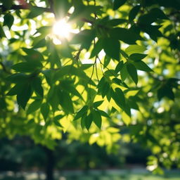 A close-up view of vibrant green leaves of a tree dancing in the gentle breeze, sunlight filtering through the foliage creating a dappled light effect on the ground below